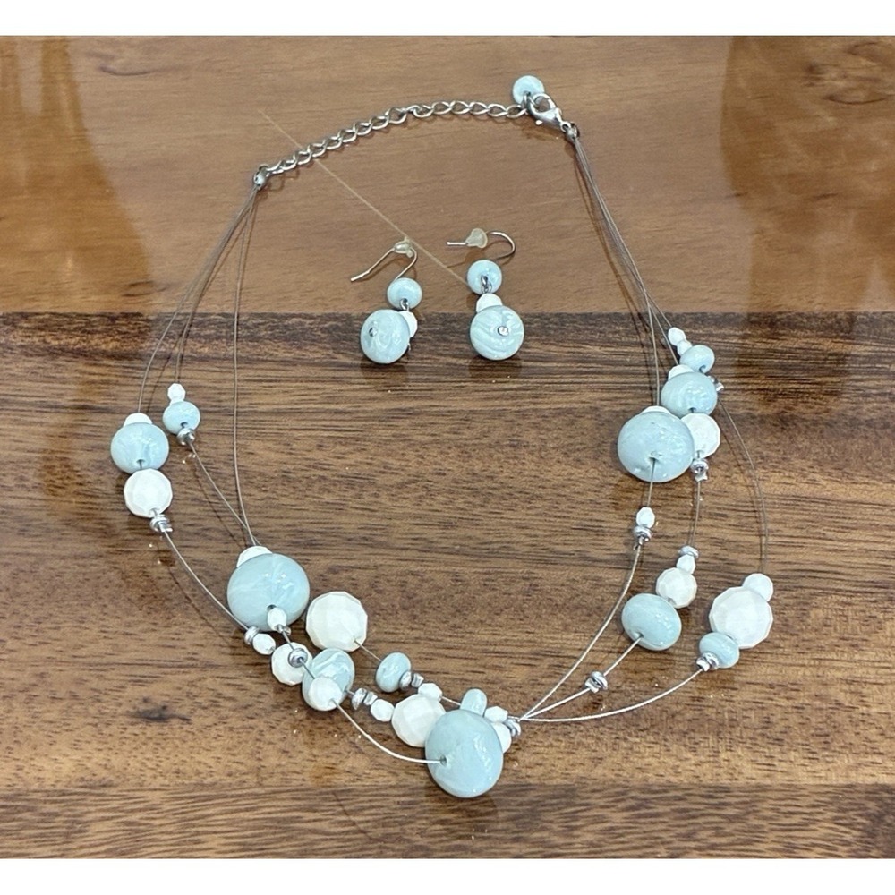 Beautiful Blue & White Multi Strand Beaded Necklace & Earring Set Coastal Boho